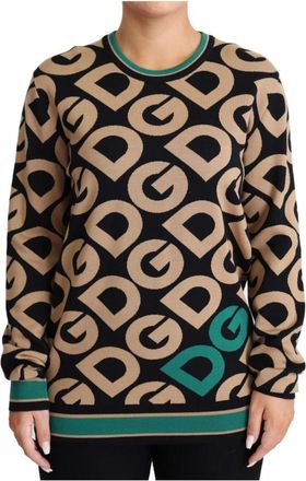 Dolce & Gabbana Wol Trui met Ronde Hals en Logo Inlay - Dames - Ronde hals truien - Veelkleurig - S - Wol - Truien & Vesten