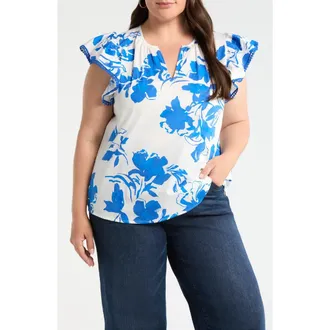 Sugarlips Aby Floral Carya Ruffle Cotton Top in White Cobalt Multi at Nordstrom, Size 1 X