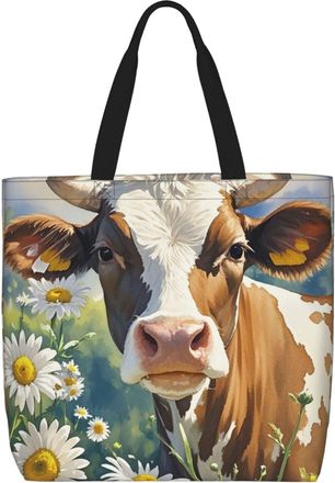 Generic Watercolor Cow And Daisy Flower Carry Bag Durable Shopping Bag Large Capacity Tote Bags For Work Beach College