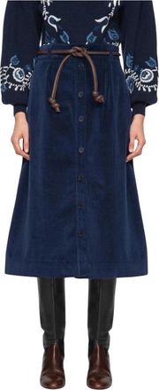Sea NY Hoge taille A-lijn rok met riem - Dames - Midirokken - Blauw - XS - Katoen - Rokken