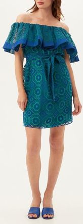 Trina Turk Flowery 2 Off the Shoulder Burnout Dress in Majorelle Blue/zelliege Green at Nordstrom, Size Xx-Large