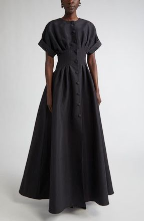 Carolina Herrera Cuffed Short Sleeve Button Front Silk Faille Gown in Black at Nordstrom, Size 6