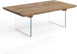 Oresteluchetta Mesa de centro madera maciza roble y vidrio 38x110x55 cm