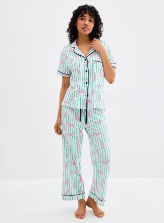 PJ Salvage Womens Pink leopards striped piped pyjama set