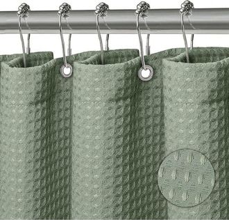 OEM Cortina De Ducha Lavable De Poli&eacute;ster Con 12 Anillas Impermeables Para Ducha Y Ba&ntilde;era, 180 X 200 Cm, Color Verde Con Relieve