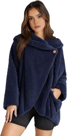Generic Women Fluffy Teddy Coat Shawl Collar Cardigan Top Autumn Pullover with Button Ladies Teen Girls Winter Warm Lounge Wear Thick Plush Sweatshirts with P