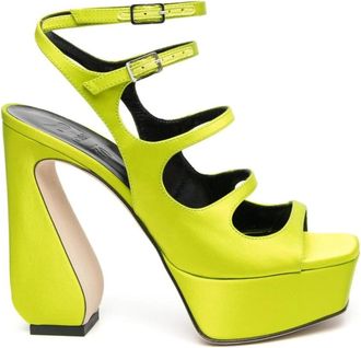 Sergio Rossi Neon Groene Plateau Sandalen met Multi-Way Straps - Dames - Sandalen met hakken - Geel - 36 EU - Leer - Schoenen