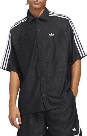 adidas Basketball Flame Short Sleeve Snap-Up Shirt in Black// at Nordstrom, Size X-Large
