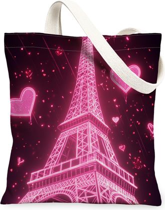 Generic Peach Paris Tower Canvas Tote Bags, Romantic Heart Pattern Reusable Grocery Bags, Stylish Lightweight Washable Shoulder Strap Canvas for Shopping Trav