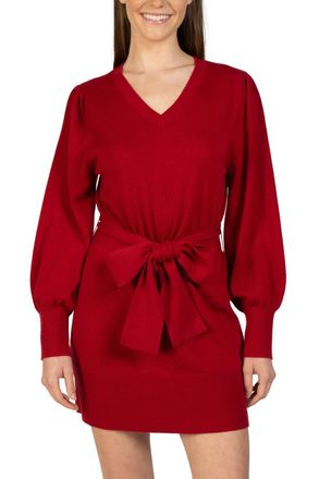 Love Token Short Knit Mini Sweater Dress With Tie In Red