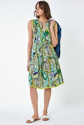 Roman Leaf Print Tiered Woven Dress