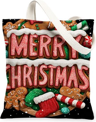 Generic Christmas Gingerbread Canvas Tote Bags, Holiday Treats Pattern, Reusable Grocery Bags, Winter Lightweight Washable Canvas F, Black, 13x15 Inch