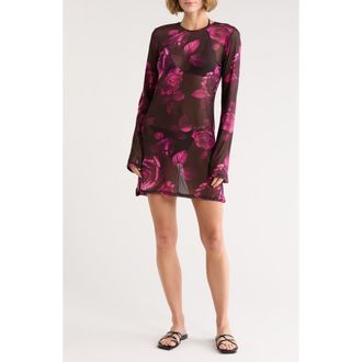 Good American Long Sleeve Mesh Minidress in Dark Spaced Roses001 at Nordstrom Rack, Size X-Large