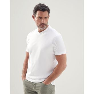 Brunello Cucinelli MenS Optical White Short Sleeve V Neck Shirt, Size 40