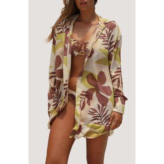 Stone Fox Swim Print Long Sleeve Cover-Up Shirtdress in Tropical Tonal at Nordstrom, Size X-Small