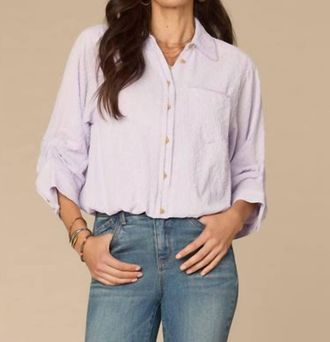 Democracy Tucked Sleeve Smocked Button Down Bubble Hem Splice Stripe Woven Shirt In Frosted Iris