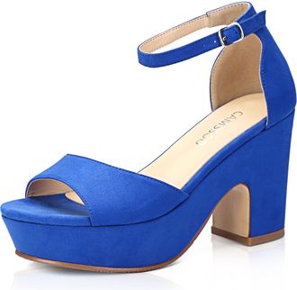 Camssoo Platform Heels for Women Chunky Heel Open Toe Ankle Strap Suede Wedges Sandals Wedding Office Dress Shoes, Blue Suede, 2.5 UK