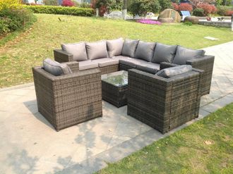 Fimous 8 Seater Corner Rattan Sofa Set Coffee Table Chair Garden Furniture Outdoor in Dark Grey