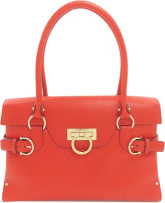 Ferragamo Gancini Red Color Leather Tote Bag (Pre-Owned)