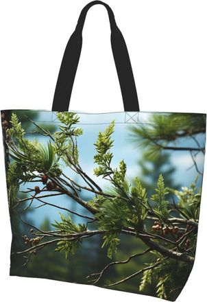 Generic Pine Branches And Leaves Grocery Bag Reusable Handbag Large Capacity Grocery Bags For Ladies Daily Use College