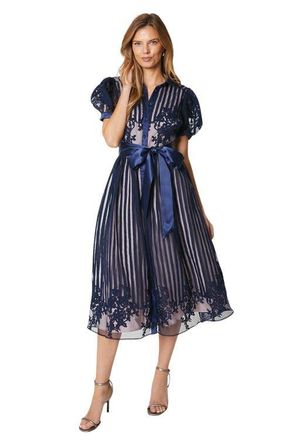 Coast Stripe Organza Puff Sleeve Shirt Dress in Navy at Nordstrom, Size 6