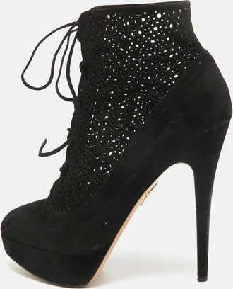 Charlotte Olympia Black Suede Lasercut Accents Ankle Boots