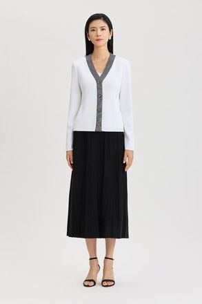 Ming Wang Family Savvy Contrast Trim Soft Knit Cardigan in White/black at Nordstrom, Size X-Large