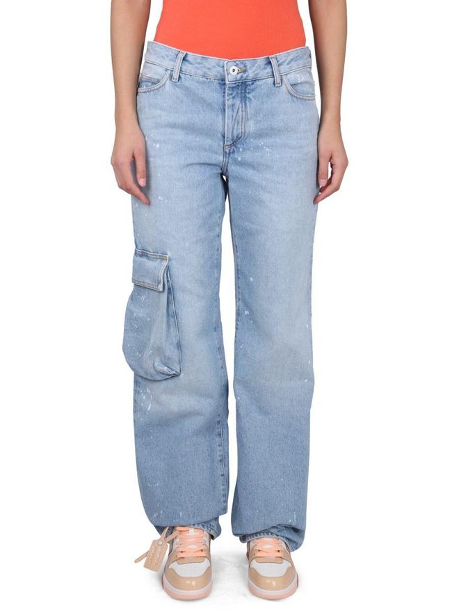 デニム・ジーパン OFF-WHITE TOYBOX JEANS WITH PATENT LEATHER EFFECT POCKET Off-White Toybox Painted wide-leg Jeans | Blue | FARFETCH BN