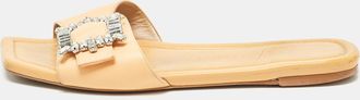 Stuart Weitzman Light Orange Leather Crystal Embellished Shine Buckle Flat Slides