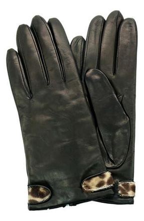 Portolano Genuine Calf Hair Trim Leather Gloves in Black/Ocelot at Nordstrom Rack, Size 6.5