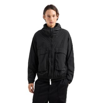 A|X Armani Exchange Mens Letterman Badging Hooded Zip Up Windbreaker Jacket Blouson, Black, S