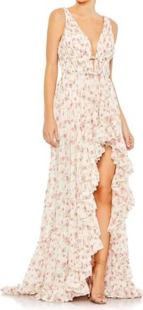 Mac Duggal Floral Print Sleeveless Ruffled High Low Gown In Pink Multi