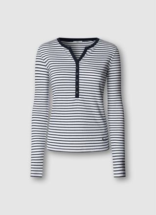 Pepe Jeans London Langarmshirt PEPE JEANS MEG, Damen, Gr. XL, dulwich blau, Feinripp, Obermaterial: 95% Baumwolle, 5% Elasthan, gestreift, figurbetont h&uuml;ftlang, Rundhal