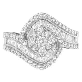 House of Brilliance 14K White Gold 1 Cttw Baguette and Round Diamond Floral Swirl Cluster Cocktail Ring at Nordstrom, Size 7.25