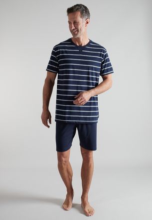 Bugatti Shorty BUGATTI, Herren, Gr. 48, blau, dunkel, ringel, Single Jersey, Obermaterial: 60% Baumwolle, 40% Polyester, bequem kurz, Rundhals, gerader Abschl