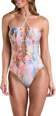 L'agence Colorful Palms Halter One-Piece Swimsuit in Pink Multi at Nordstrom, Size X-Large