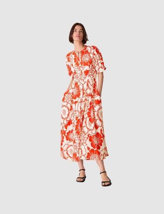 Whistles Short Sleeve Bloom Floral Midi Dress in Red/multi at Nordstrom, Size 12