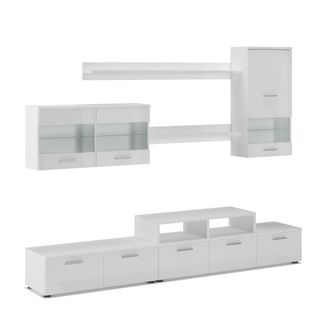 Skraut Home Skraut Home - Mobili Tv Parete Da Soggiorno E Pranzo Contemporaneo Con Illuminazione A Led, Bianco Mate E Bianco Laccato, Dimensioni: 250 X 194 X 42 C