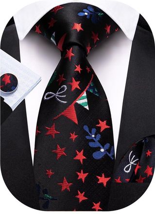 Barry.Wang Black Christmas Tie Xmas Necktie Silk Funny Pocket Square Cufflinks Holiday Festive