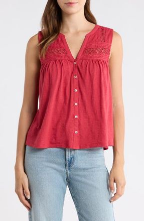Lucky Brand Lace Inset Cotton Button-Up Tank in Deep Claret at Nordstrom, Size X-Large
