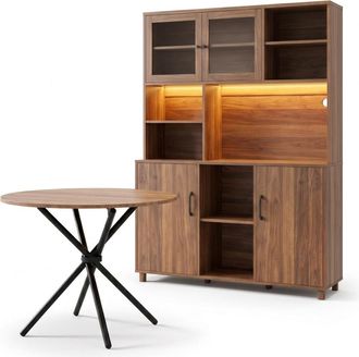 Urban Meuble Conjunto de sal&oacute;n: aparador alto con LED y mesa redonda de madera