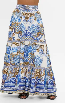 Camilla High Waisted Tiered Skirt In Azul Adventures