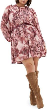 City Chic Maddie Print Belted Long Sleeve Dress in Viper at Nordstrom, Size Xxl