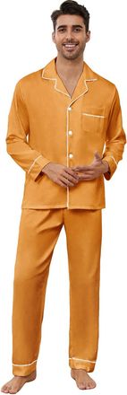 Generic Mens Solid Pajamas Set, Soft Long Sleeve Pajamas Lightweight Nightwear Button Up Sleepwear Lounge Pjs Set Orange