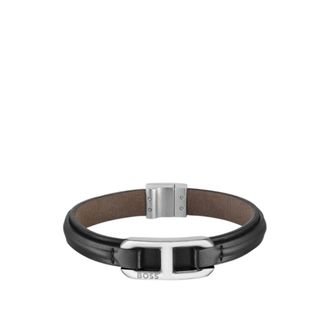 BOSS Brown-leather cuff with branded metallic link