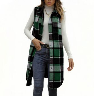 Generic Green Womens Checked Gilets Longline Vest Jackets, Sleeveless Lapel Button Down Tweed Waistcoat with Pockets, Plain Collar Casual Gilet, Trendy Plaid 