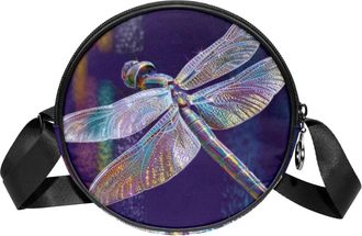 Generic Circle Crossbody Bag for Women, Brilliant Dragonfly Small Sling Bag Daypack with Zipper Adjustable Shoulder Straps Casual Ladies Girls Round Purse