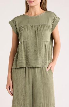 Adrianna Papell Crinkled Cap Sleeve Babydoll Crop Top in Oil Green/Ivory at Nordstrom Rack, Size X-Large