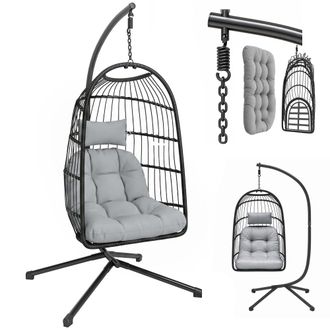 OUTSUNNY Silla Colgante Huevo Con Soporte, Cesta Plegable De Rat&aacute;n, Coj&iacute;n Grueso, Reposacabezas, Altura Ajustable, Para Interior Y Exterior, Gris
