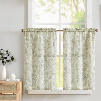 No Brand Cortinas Cortas De Lino Transparente Con Estampado Floral En Color Beige Y Verde (65x90 Cm), Estilo R&uacute;stico, Ideales Para Cocina Y Sala De Estar